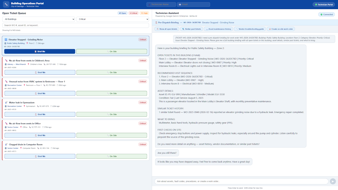 Building Operations Technician Portal — pre-dispatch briefing